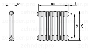 Схема (чертеж) Радиатор Zehnder Charleston 2056/8 №7610 Белый глянцевый RAL 9016